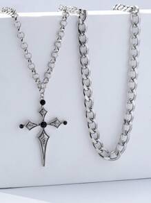 Set de collar de múltiples capas con colgante de cruz, de estilo punk a la moda para hombres, adecuado para vacaciones/viajes