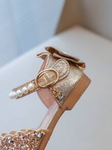 Nuevos zapatos de princesa para niñas con diseño de punta cerrada, con rhinestones, perlas, brillos y moño, zapatos planos para fiestas formales y vestidos, aptos para festividades, eventos y uso casual diario