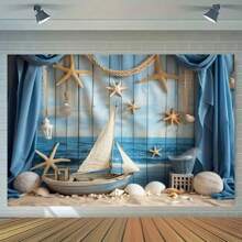 A Marine Anchor Themed Photography Background, Polyester Sailboat Ocean Beach Party Background, Birthday Multi-Purpose Banner, Cake Table Decoration, Photo Booth Props, No Electricity Required