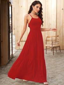 Vestido Campesino de Tirantes con Escote Cuadrado para Mujer - Rojo - Ver 2