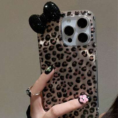 时尚3D水钻蝴蝶结豹纹手机壳，兼容 17/16/15/14/13/12 Pro Max/11，时尚防震后盖