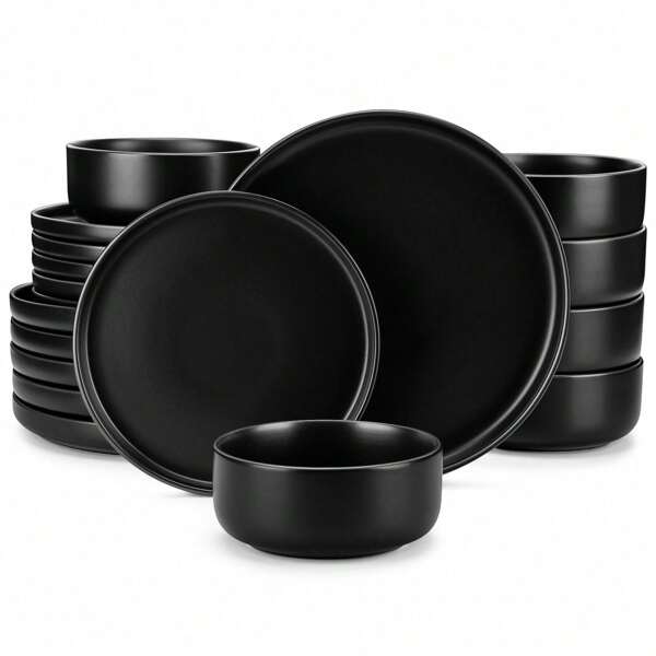 vancasso 18 Pcs Stoneware Dinnerware Set, Black Set, Dinner Plates, Dessert Plates And Bowls For 6 Person