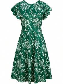 Women's Semi-Formal Ruffle Sleeve V-Back Work Fit And Flare Cocktail Knee Length Dress With Pockets, 2025 Style - Green Floral - 查看 2