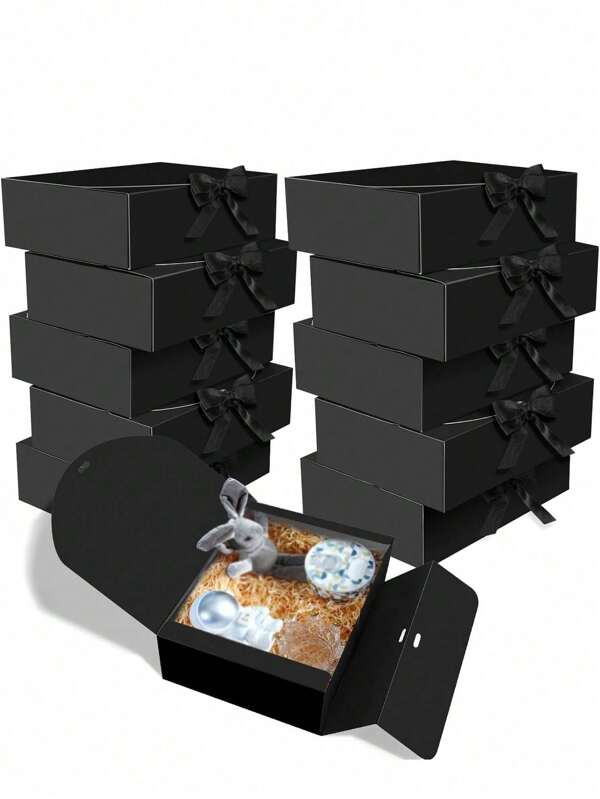 10pcs Black Lid Gift Boxes, Groomsman Proposal Box, Luxury Black Ribbon Gift Boxes For Wedding, Birthday, Party, Bridesmaid, Graduation, Valentine's Day