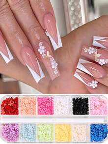 12 ngăn đựng hoa acrylic 3D dùng làm móng, 12 bông hoa màu pastel phối hợp, hạt ngọc trai giả, đá rhinestone đáy phẳng AB, phụ kiện trang trí móng tay hình hoa phối hợp nhiều màu sắc mùa xuân, đồ dùng tự làm móng. - Nhiều màu - Xem 2