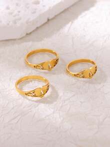 1枚不锈钢心形字母戒指，女士镀金镂空花朵A-Z字母戒指，订婚结婚珠宝礼物 - 金黃色 - 查看 9