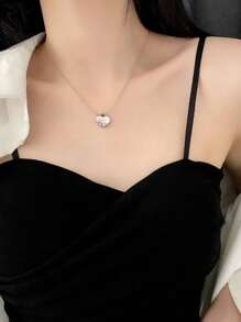 1pc Silver Plain Solid Heart Snake Bone Chain Stainless Steel Women Snake Bone Pendant Necklace, Minimalist & Fashionable