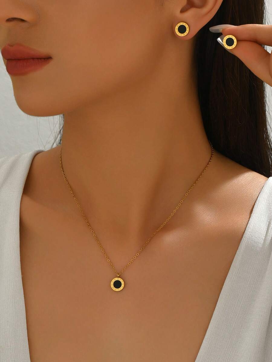 Bộ 3 dây chuyền và hoa tai La Mã, Dây chuyền và hoa tai bằng thép titan mạ vàng, Quà tặng trang sức thời trang cho bạn bè và người có sức ảnh hưởng - Bông tai + vòng cổ La Mã - Xem 1