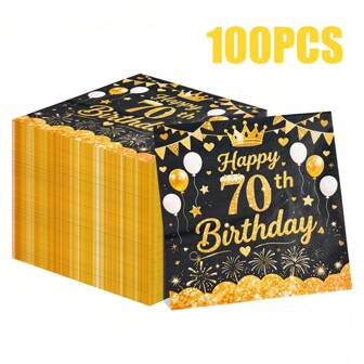 100/60/20pcs 13 * 13 Inch Disposable Birthday Themed Party Napkins, Black Background, Golden 70th Birthday Happy Text, Birthday Crown And Balloon Pattern, Used For Birthday Parties, Family Gatherings, Hotel And Restaurant Decoration Napkins