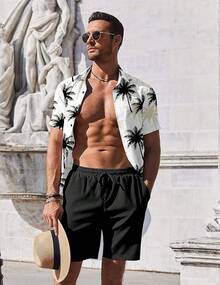 Men's Summer Beach Outfits 2 Pieces Short Sleeve Shirts And Shorts Vacation Texture Linen Sets Men - Cây Dừa Trắng - Xem 6