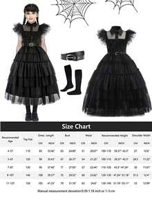 Girls Princess Dress Set With Belt, Wig, Eye Mask & Socks - Includes Chiffon Shirt Collar Black Outfit For TV Show Character, Halloween, Festival, Party, Birthday Costume - Black - View 7
