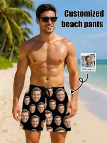 Pantaloncini da spiaggia personalizzati da uomo con stampe divertenti di ritratti, bambini, animali domestici, cartoni animati, temi vacanzieri