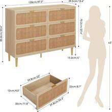Fashion Elegant Style Dresser, Rattan 6 Drawer Dresser For Bedroom, Large Double Dresser With Deep Drawers For Living Room, Hallway, Bedroom - 米色 - 查看 9