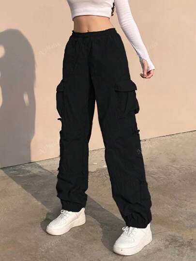 NVFelix ¡NUEVO! Pantalones cargo de unicolor para mujer | Cintura con cordón + puños entallados Bolsillo utilitario chic