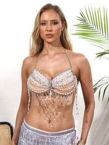 Unisex Body Chain, Couple's Intimate Accessories, Bra Decor, Sexy For Nightclub, Music Festival, Rhombus & Floral Print, Glitter, Romantic French, Pastoral Mature Charm, Luxurious Classic Sexy Acrylic Beaded Tassel Rhinestone Fringe - 銀色 - 查看 13