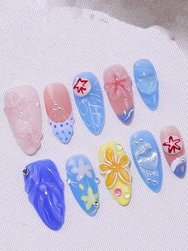 10pcs Hand-Carved 3D Nail Art Stickers, Short French Manicure Style, With 1pc Jelly Gel And 1pc Nail File, Reusable, Suitable For Women And Girls, Daily, Office, Party