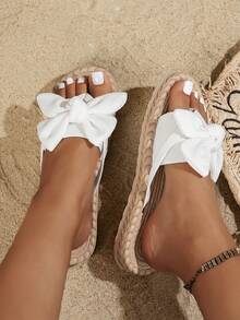 Women's Casual Lightweight Bow Decor Indoor Flip Flop Slippers, Fashionable & Versatile Flat Beach Sandals For Plus Size Women, Summer - White - View 4