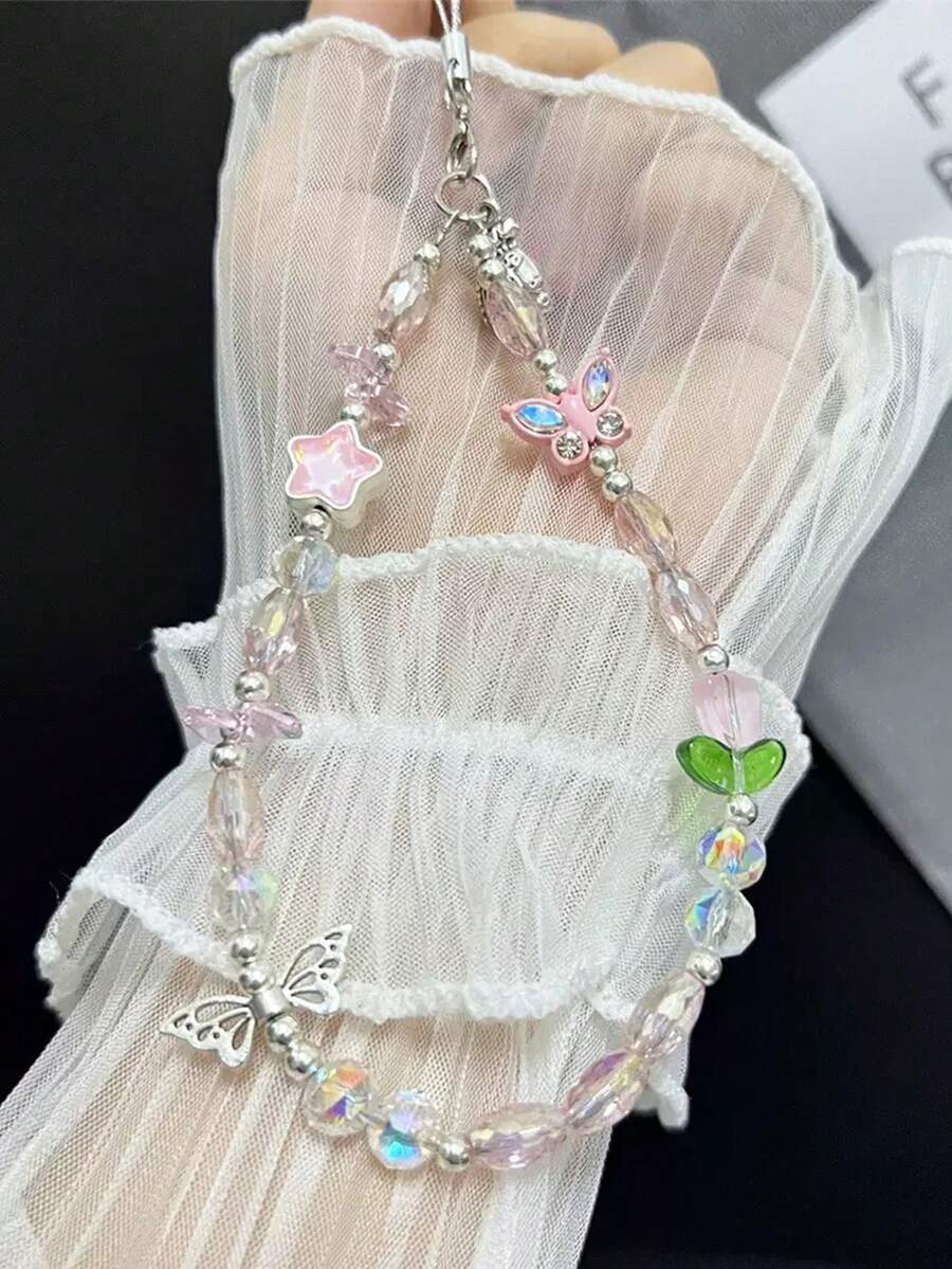 1 Piece Of Butterfly Tulip Rice Bead Mobile Phone Chain Beaded Mobile Phone Lanyard Wrist Ccd Camera Lanyard - Multicolor - View 1