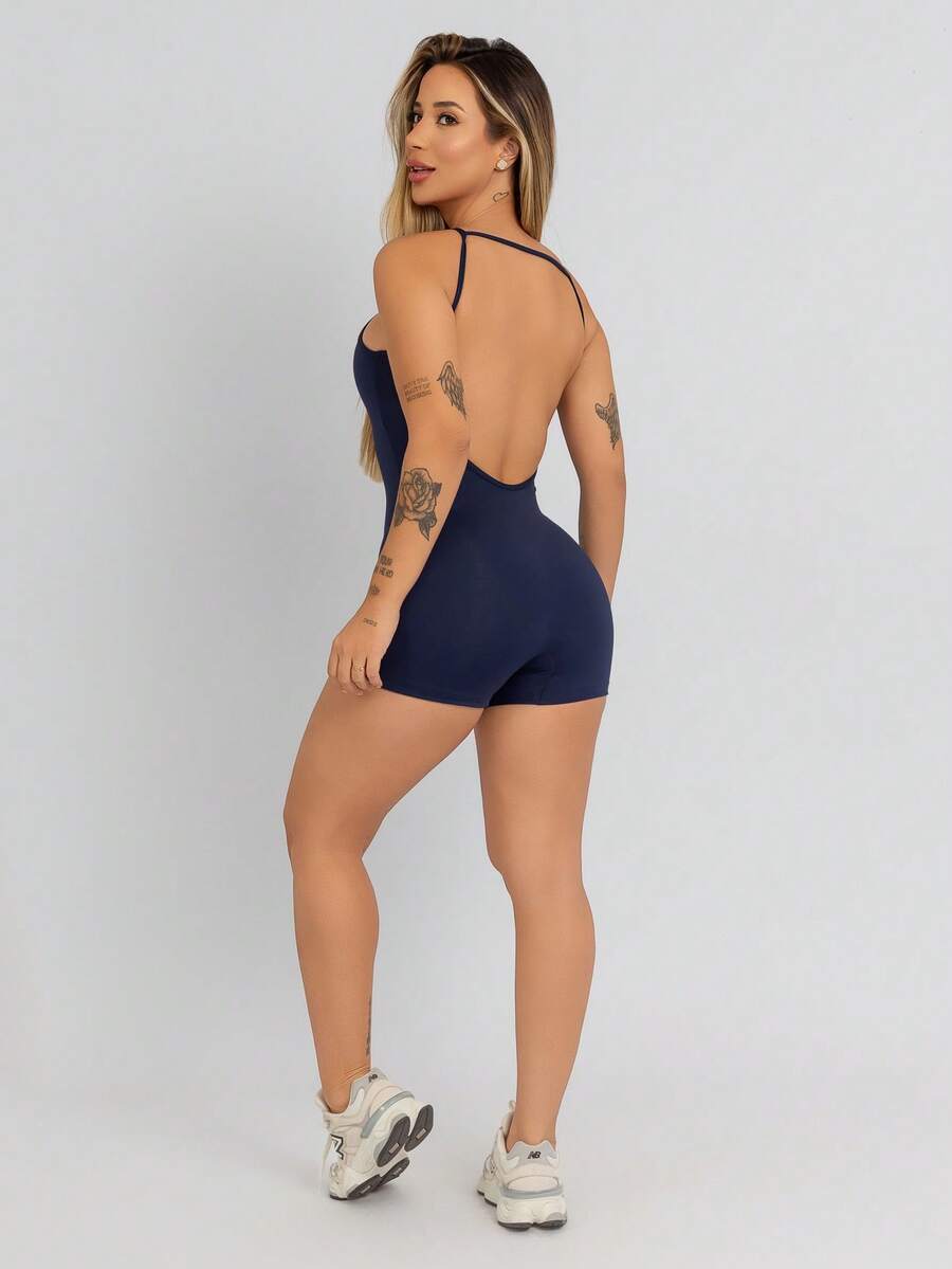 Open Back Jumpsuit Polyamide Gym Fitness Navy Polyamide MC207 - Navy Blue - View 1
