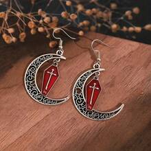 1 Pair Vintage Gothic Engraved Moon & Enamel Cross Coffin Pendant Earrings, Halloween Gift