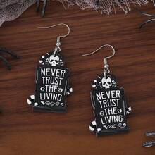 1 Pair Women Halloween Skeleton Head & Gravestone Pendant Earrings, Vintage Wooden Gothic Style Double-Sided Earrings, Halloween Party Gift