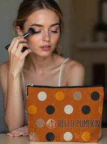 1pc Autumn Pumpkin Maple Leaf & Polka Dot Letter Pattern Linen Cosmetic Bag, Cute Travel Makeup Pouch & Multifunctional Coin Purse, Lightweight Women Essential Gift