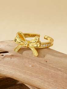 Ewell 独特甜美 925 纯银镀金蝴蝶结锆石开口戒指，适合女士日常佩戴