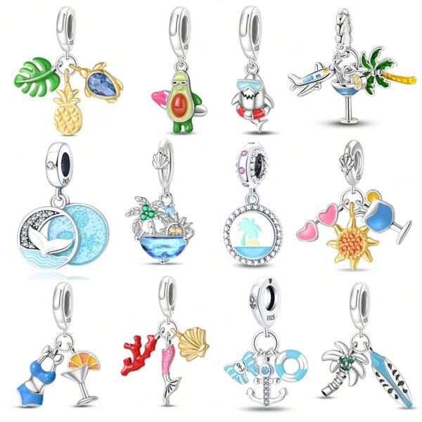 1 Piece 925 Sterling Silver Summer Sea Breeze Pendant, Beach Vacation Series - Surfboard Two Pieces Set, Summer Pineapple Three Pieces Set, Blue Ocean Pendant, Navy Three Pieces Set, Beach Swimsuit Two Pieces Pendant, Ocean Vacation Pendant, Fun Shark Pendant, Avocado Surf Pendant, Earth Beach Pendant,