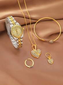 5 peças/Conjunto Relógio de Quartzo Feminino XSVO Genuíno com Mostrador Estrelado Iridescente Redondo do Dia a Dia, Pulseira de Aço Inoxidável + Acessórios de Coração de Strass, Sem Caixa de Presente