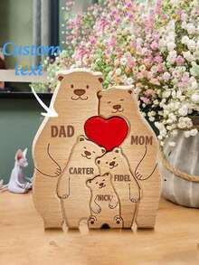 1pc Personalized Wooden Bear Family Surname Puzzle Commemorative Gift, Customized Family Surname Wooden Bear Puzzle, Personalized Bear Animal Puzzle, Home Decor, Gift For Mom, Dad, Adults, Mother's Day, Father's Day, Holiday,Home Decor Living Room - Multicolor - View 1