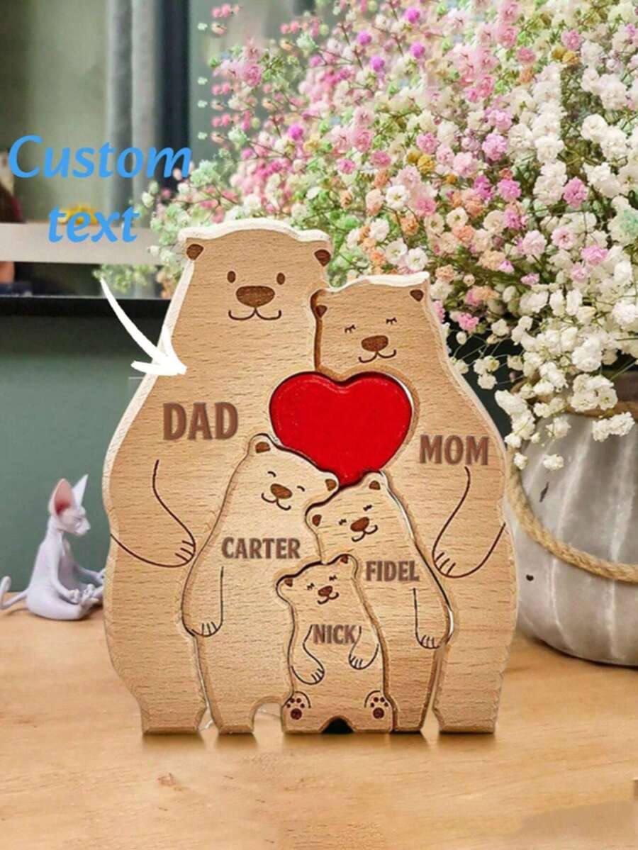 1pc Personalized Wooden Bear Family Surname Puzzle Commemorative Gift, Customized Family Surname Wooden Bear Puzzle, Personalized Bear Animal Puzzle, Home Decor, Gift For Mom, Dad, Adults, Mother's Day, Father's Day, Holiday,Home Decor Living Room - Multicolor - View 1