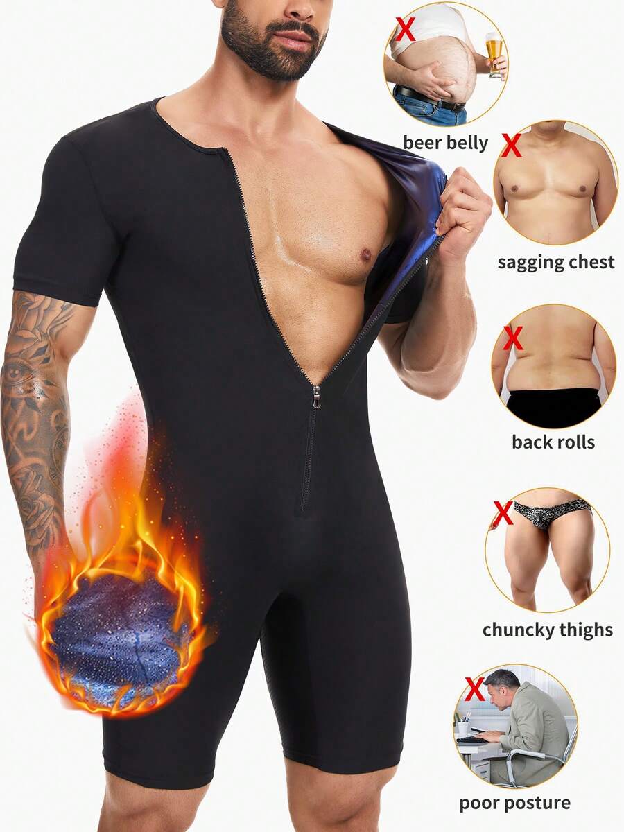 Sauna Suit For Men Full Body Sweat Bodysuit Waist Trainer Sauna Shirt Shapewear Heat Trapping Short Sleeves Workout Top With Shorts Exercise Fitness - Black - View 1