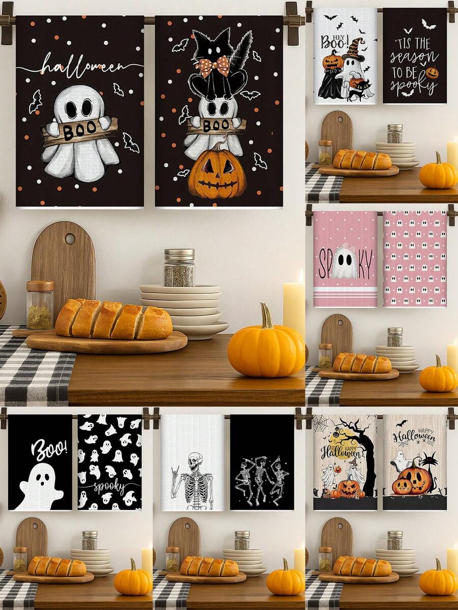 Set de 2 toallas de cocina de Halloween, toallas suaves para platos, toallas de mano absorbentes para té, toallas de té de secado rápido para lavar platos, decoraciones de Halloween, decoración de cocina de Halloween, decoración del comedor, paños de cocina para hornear y cocinar, paños de limpieza, suministros de Halloween, suministros de cocina, decoración del hogar
