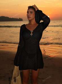 Women's Long Sleeve Hollow-Out Swimsuit Cover-Up, Elegant Boho Beach Vacation Style, V-Neck Short Dress