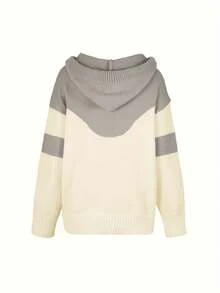 Fall/Winter Casual Patchwork Drawstring Pocket Hooded Collar Top For Women - Apricot - View 3
