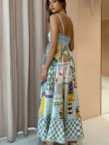 Women's Printed Camisole Dress With Thin Straps And Open Back - 灰色 - 查看 4