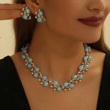 3pcs/Set Vintage Elegant Bohemian Style Necklace & Earrings Jewelry Set, Skyblue Delicate Dainty Necklace Everyday Luxury Accessories For Women