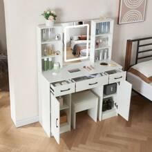 Bedroom Dressing Table Stool Large Makeup Mirror LED Light Vanity Table White