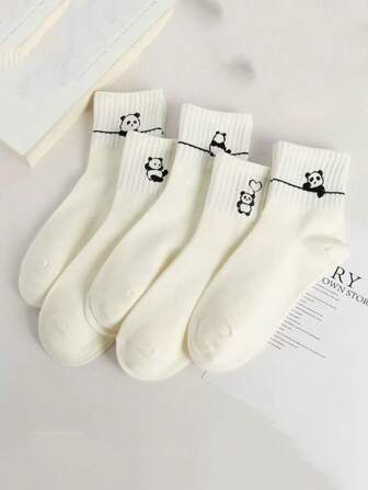 5 Pairs Cute Panda Cartoon Print Women Socks, Minimalist Fashion Comfortable Mid-Calf Socks, Moisture Wicking, Suitable For Daily Matching, All Season Christmas Gift