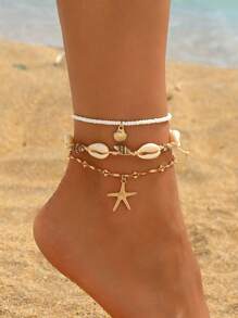 3 pièces/Lot Style Bohème Naturel Coquillage Bracelet de Cheville Fait Main Tressé, Perles de Verre et Étoile de Mer en Alliage Multi-Couche Polyvalent Mode Bijoux Pour Femmes, Convient Pour Port Quotidien, Plage, Fête, Festival de Musique