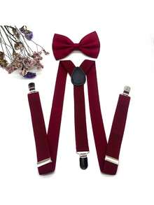 1 Set Men's Burgundy Red Casual Bowtie & Suspenders Set, With Suspender Clips