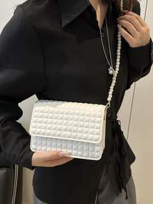 Túi đeo vai nữ đơn giản, vuông nhỏ, hai lớp bằng da PU, túi đeo chéo mini hình vuông đính ngọc trai giả, kiểu dáng cổ điển, túi ngọc trai giả. - trắng - Xem 4