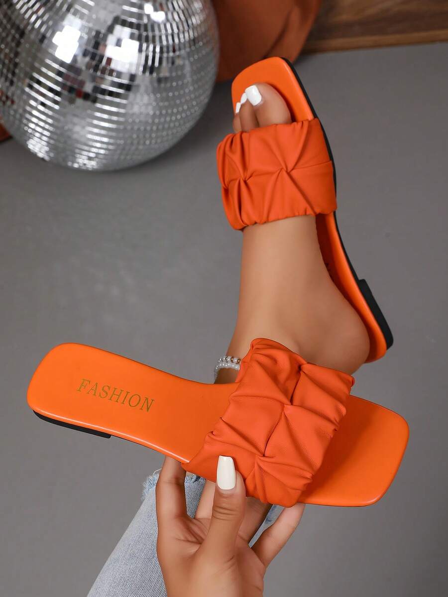 Women's Orange Pleated Leather Comfortable Open Toe Strap Slide Sandals, Casual Fashion Beach Shoes - Orange - View 1