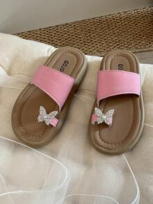 1双儿童大花装饰人造皮革材质露趾平底甜美风格拖鞋日常/夏季时尚儿童拖鞋 - 粉色 - 查看 6