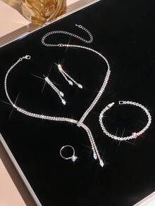 水晶项链、耳环、手链、戒指套装，女士时尚首饰套装，适合宴会、派对、婚礼