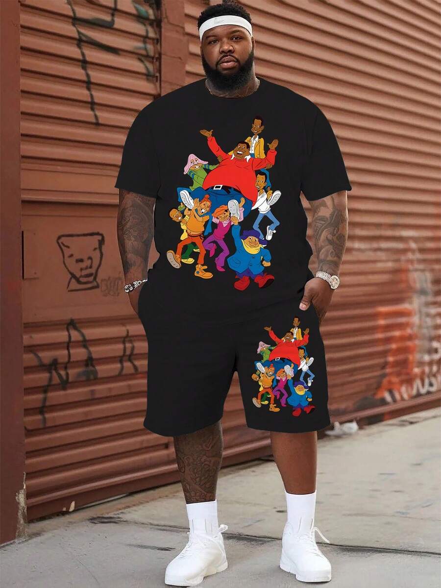 2pcs Plus Size Men Casual Cartoon Character Printed T-Shirt Set, Suitable For All Seasons - Black - View 1