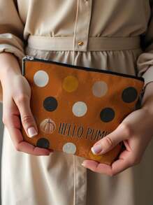 1pc Autumn Pumpkin Maple Leaf & Polka Dot Letter Pattern Linen Cosmetic Bag, Cute Travel Makeup Pouch & Multifunctional Coin Purse, Lightweight Women Essential Gift