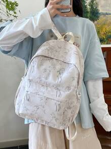 1 buc Rucsac de damă cu capacitate mare, din nailon alb, cu fermoar neted, cu imprimeu de frunze de bambus, la modă, versatil, casual, 2025, vară nouă, elegantă, unică