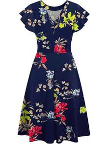 Vestido de cóctel de longitud hasta la rodilla con bolsillos, manga con volantes, escote en V en la espalda, ajuste entallado y vuelo, estilo 2025 para uso semiformal - Azul Rojo - Ver 4