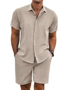 Men's Summer Beach Outfits 2 Pieces Short Sleeve Shirts And Shorts Vacation Texture Linen Sets Men - Cây Dừa Trắng - Xem 8